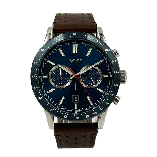 Hugo Boss Brown Leather Blue Dial Men's Chrono Watch - 151392 - 7613272467193
