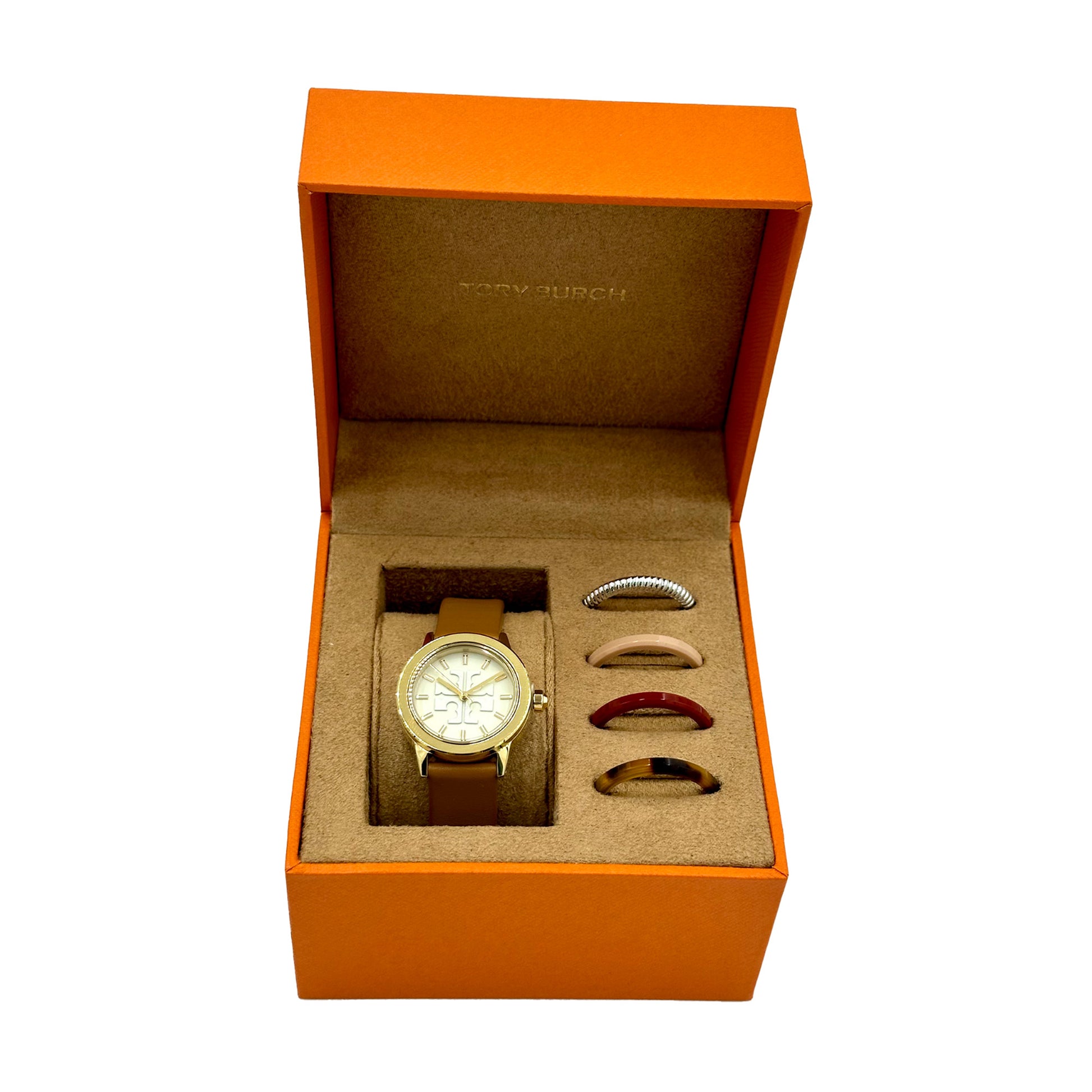 Tory Burch Gigi Goldtone Stainless Steel & Leather Strap Watch Gift Set -TBW2031 - 796483533264
