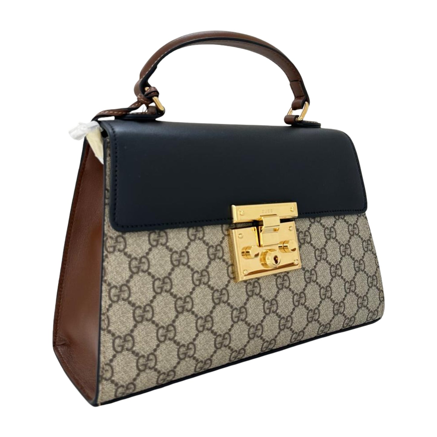 Gucci Top Handle Crossbody Handbag with Gold Lock Latch-Beige/Black/Brown