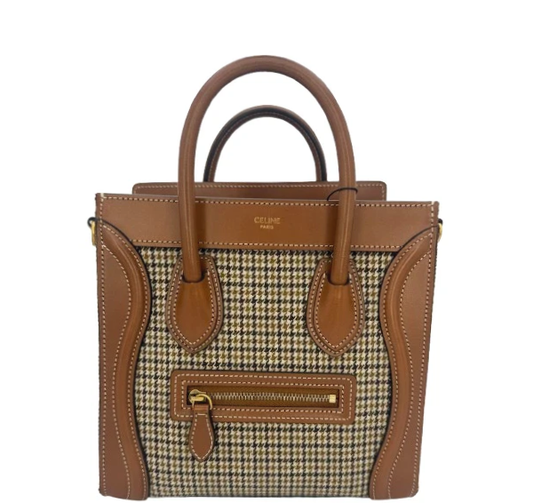 Celine Luggage Nano Tote Houndstooth Tweed & Tan Leather Top Handle Shoulder - PRELOVED