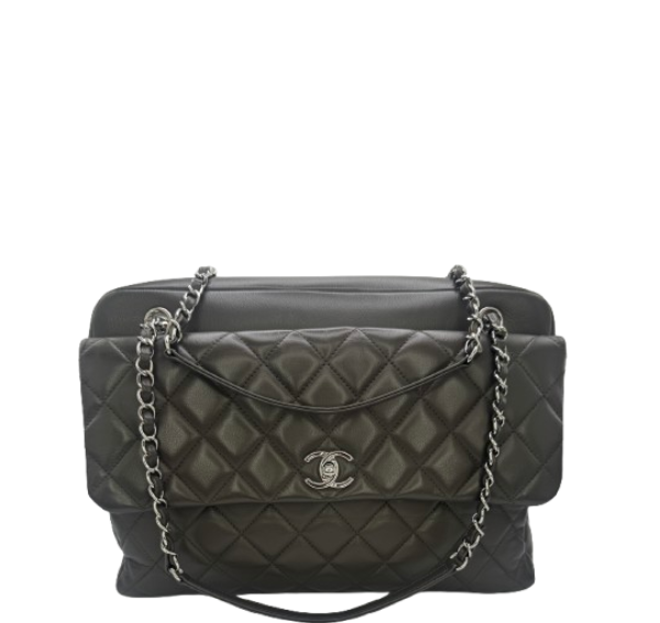 Chanel Quilted CC Bowler Bag Grey Leather Shoulder Handbag Women’s