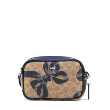 Coach Mini Jamie Camera Bag In Signature Canvas With Bow Print - Silver/Tan/Black Multi