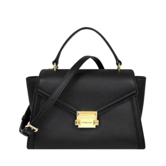 Michael Kors Whitney Leather Satchel Bag Medium Flap Shoulder - Black