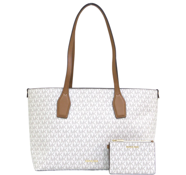 Michael Kors Charlie Logo Medium Tote Bag With Small Zip Case - Vanilla/Acorn