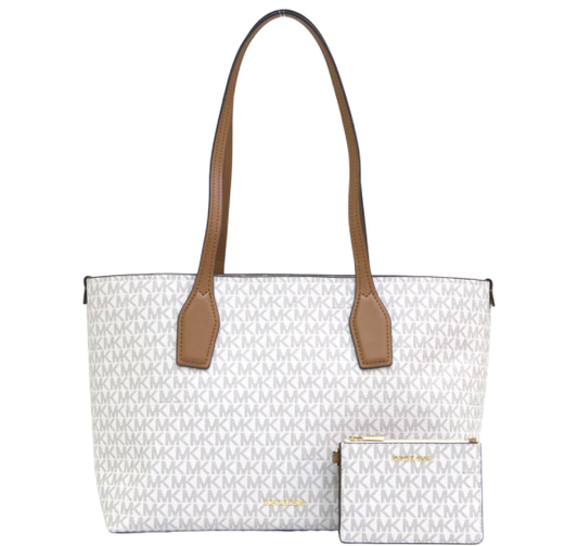 Michael Kors Charlie Logo Medium Tote Bag With Small Zip Case - Vanilla/Acorn