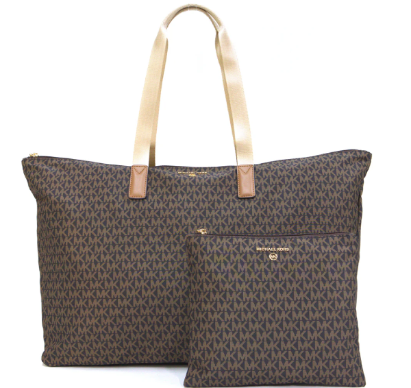 Michael Kors Jet Set Travel Large Signature Logo Print Woven Tote Bag - Brown/Acorn