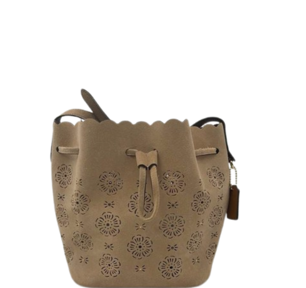 Coach Leather Drawstring Bucket Bag – Tan Perforated Floral – Crossbody Handbag - Used