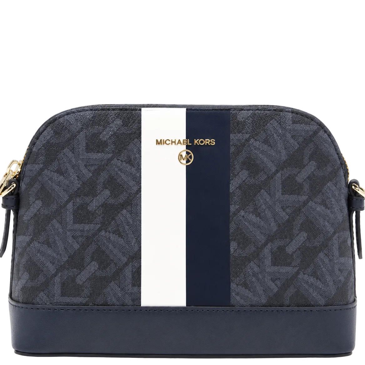 Black and navy handbag with a white stripe and gold zipper, featuring the Michael Kors logo.