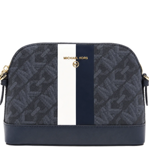Black and navy handbag with a white stripe and gold zipper, featuring the Michael Kors logo.