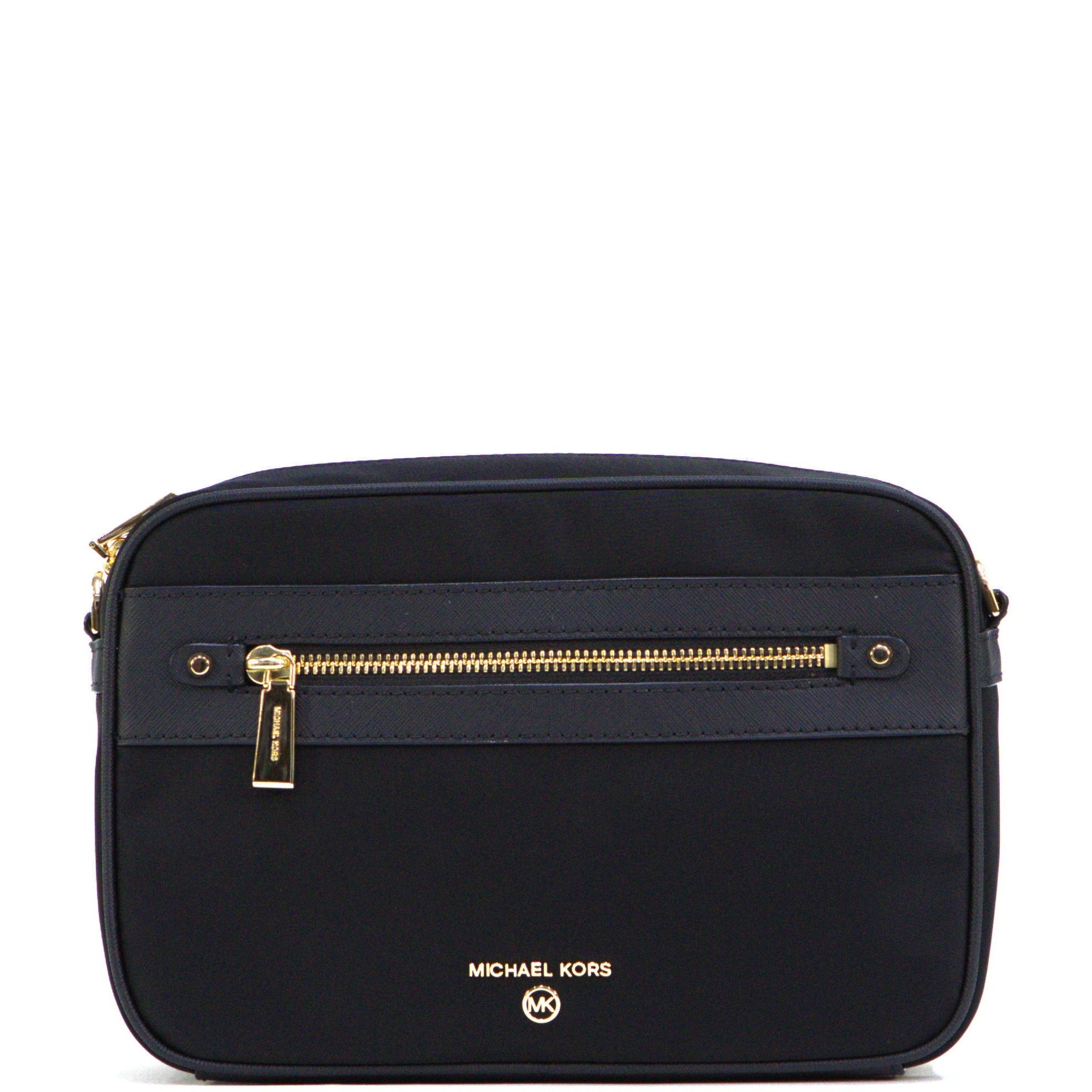 Black handbag with gold zipper and 'Michael Kors' logo on a white background