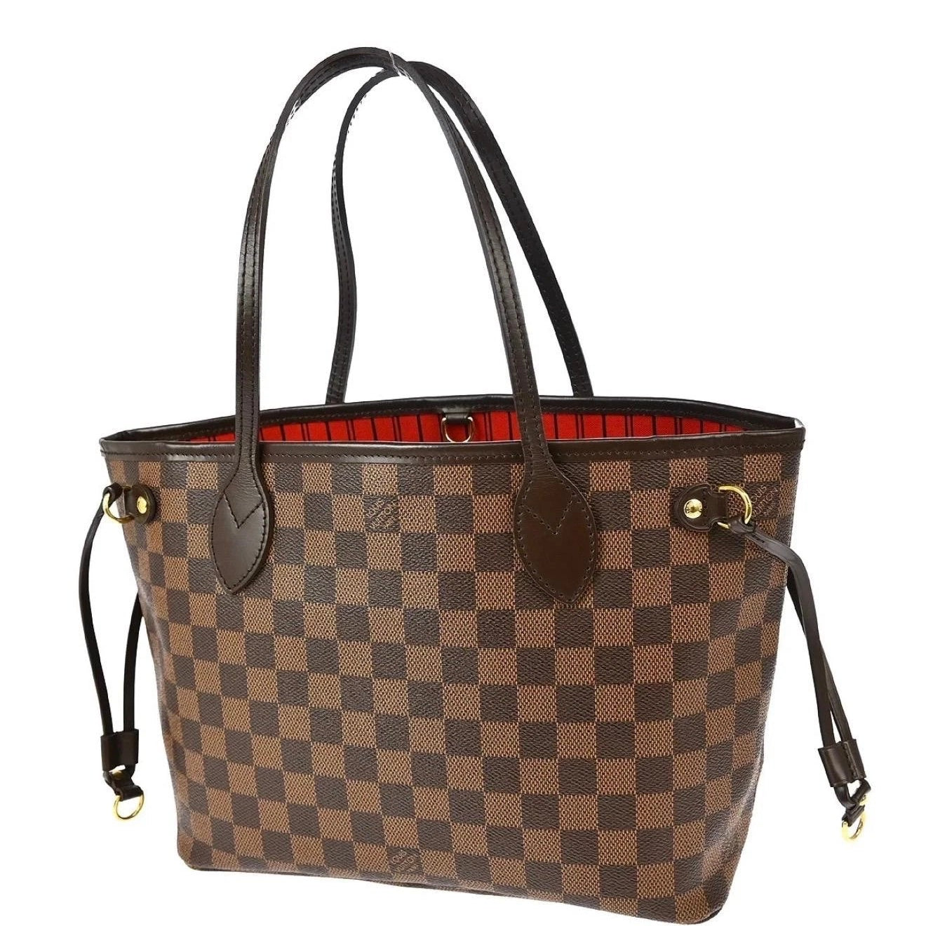 Brown checkered handbag with black handles on a white background