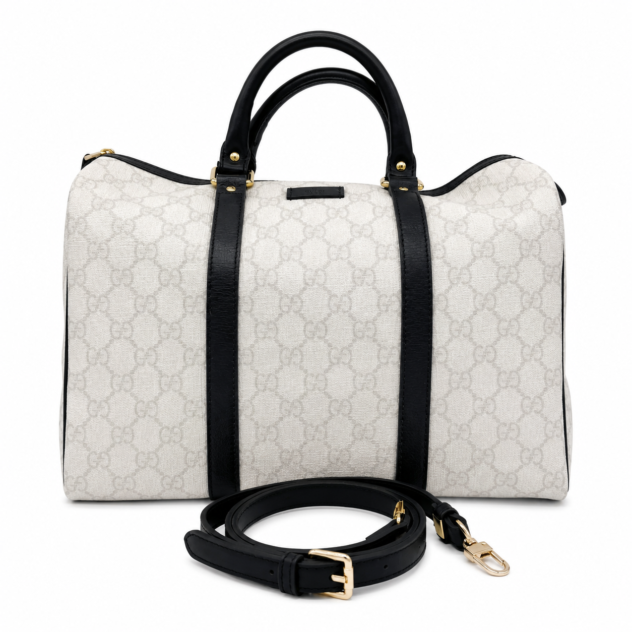 Gucci Medium GG Supreme Joy Boston Bag White Black Trim Strap