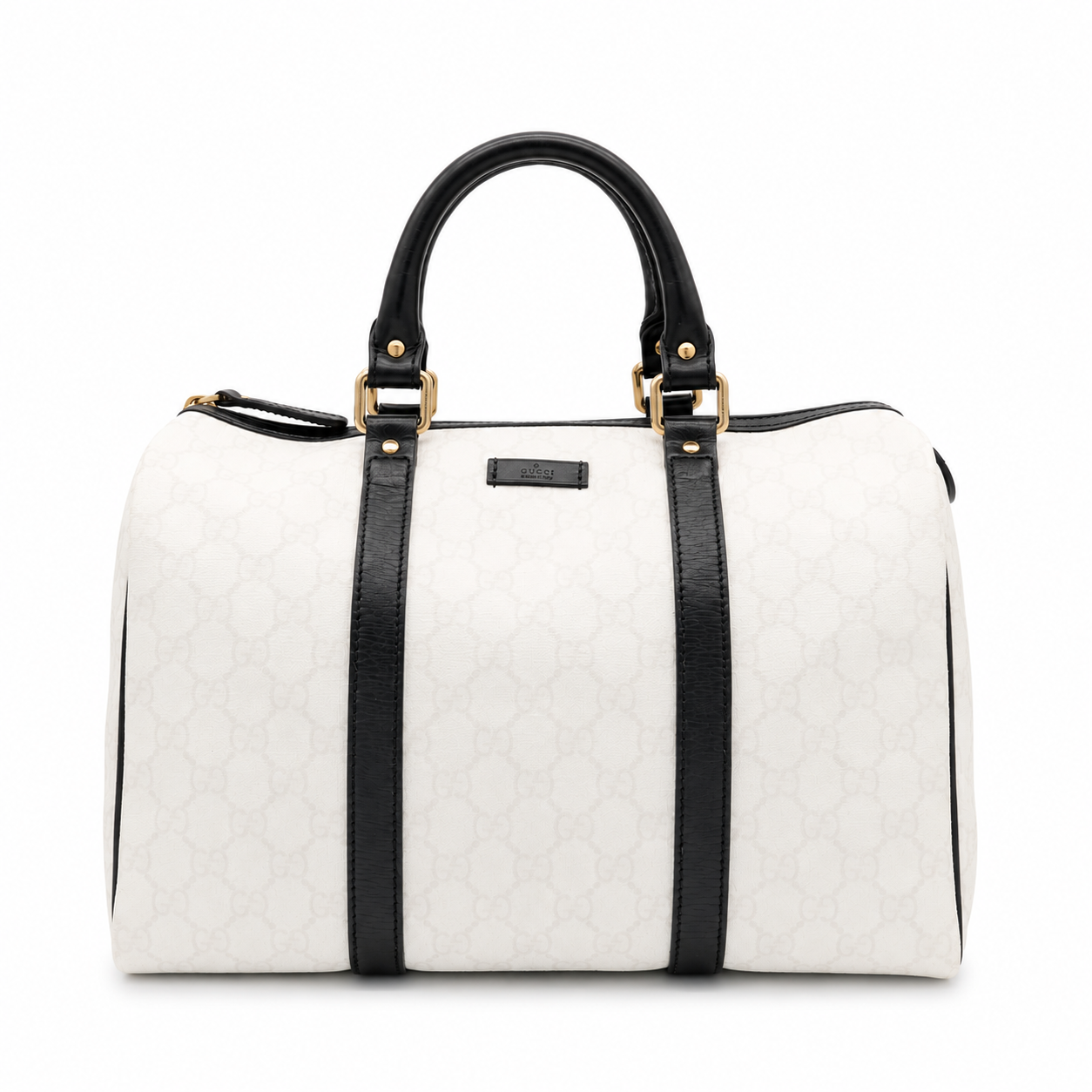 Gucci Medium GG Supreme Joy Boston Bag White Black Trim Strap