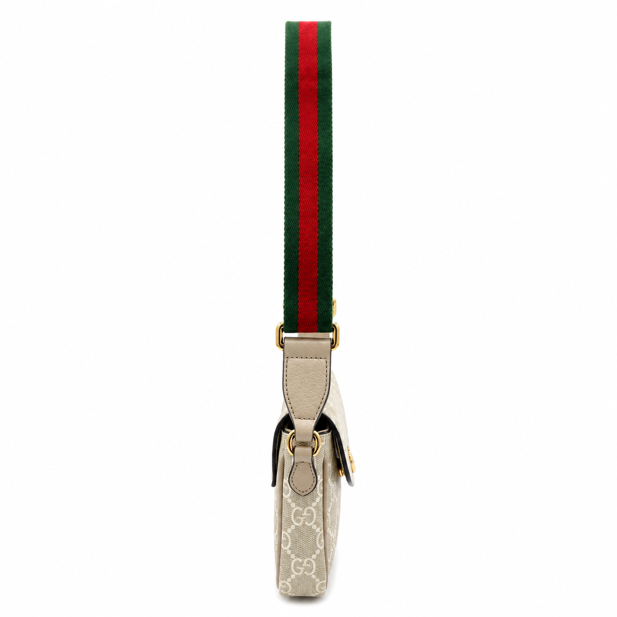 A Gucci shoulder bag in beige GG Supreme canvas with a signature green and red web stripe leather strap, shown from the side on a white background.