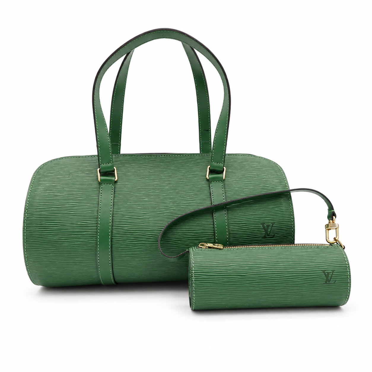 A green Louis Vuitton duffle bag with a matching zip-around pouch, both in textured Epi leather with gold-tone hardware, shown on a clean white background.