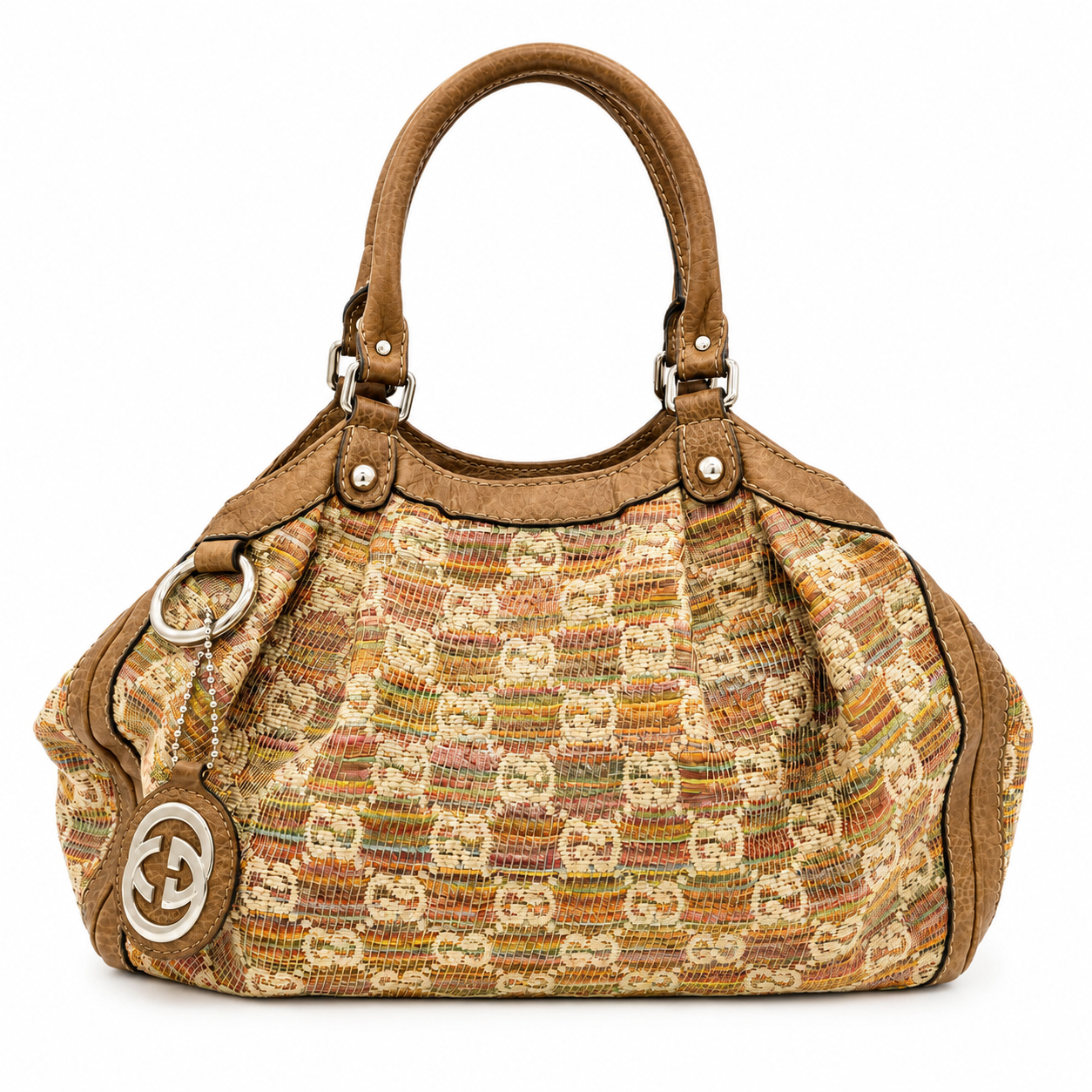 Gucci Multicolor Woven Fabric & Brown Leather Handbag