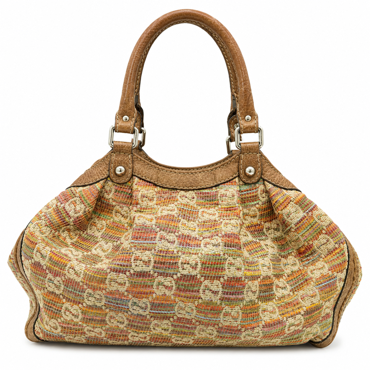 Gucci Multicolor Woven Fabric & Brown Leather Handbag