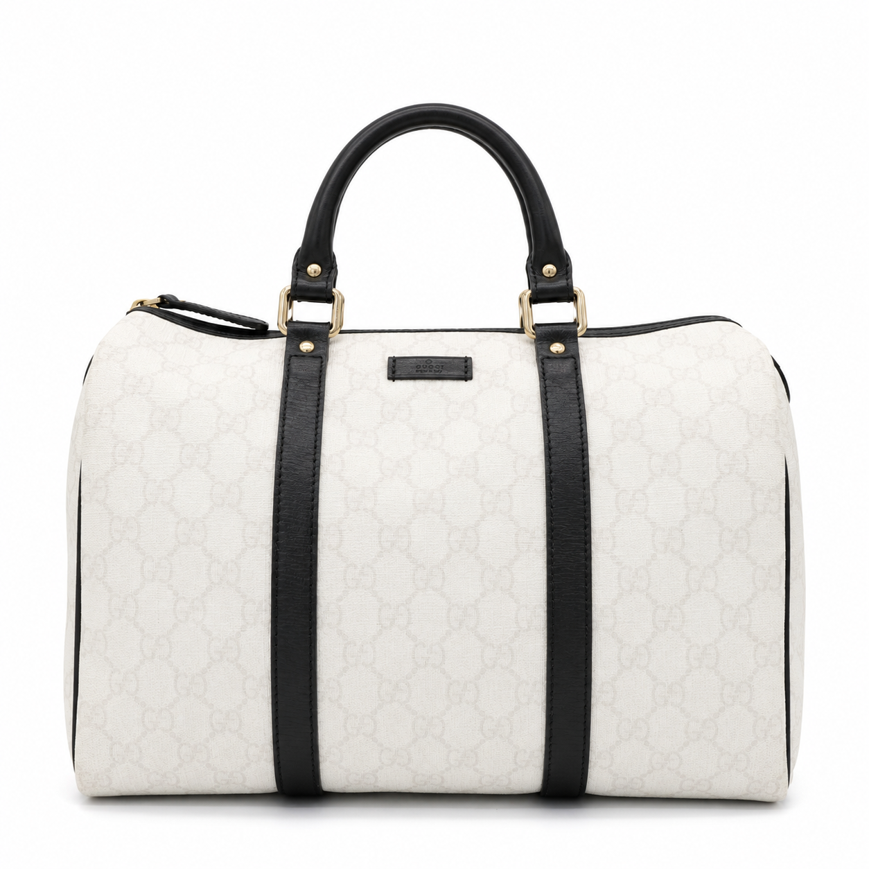Gucci Medium GG Supreme Joy Boston Bag White Black Trim Strap
