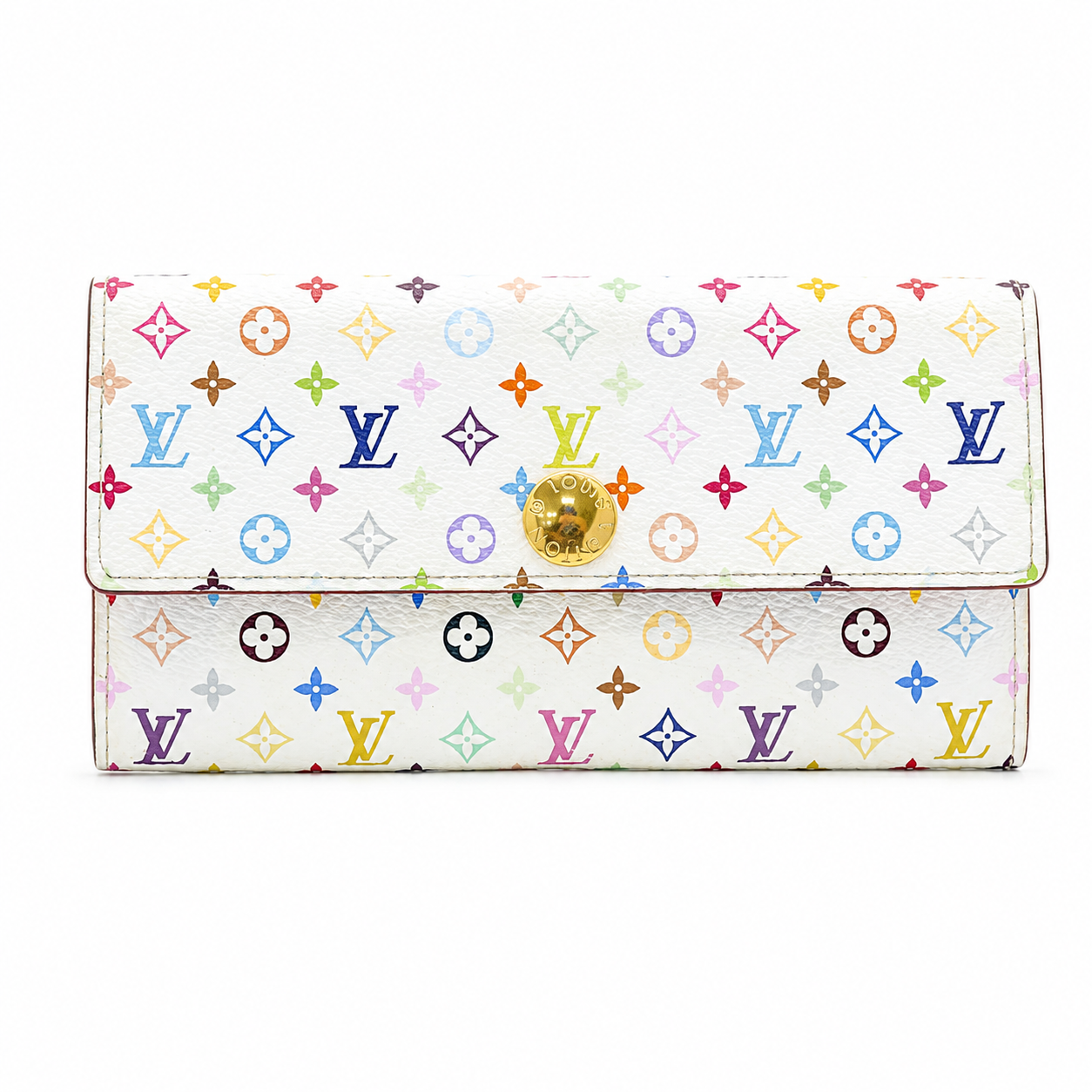 Louis Vuitton monogram wallet in white coated canvas with a multicolor pastel monogram print and a gold-tone turn-lock clasp, shown on a plain white background.