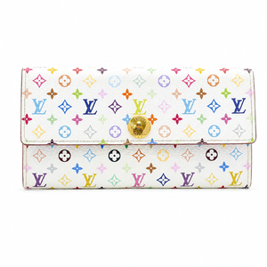 Louis Vuitton monogram wallet in white coated canvas with a multicolor pastel monogram print and a gold-tone turn-lock clasp, shown on a plain white background.