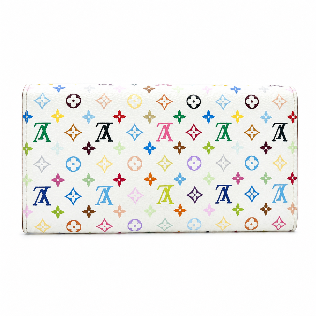 A white leather wallet featuring a colorful, repeating Louis Vuitton-style monogram pattern with various colored letters and floral motifs, shown against a plain white background.