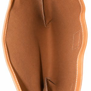 Close-up of the interior lining of a tan leather bag, showing the smooth fabric texture, contrast stitching, and reinforced stitching details against a white background.