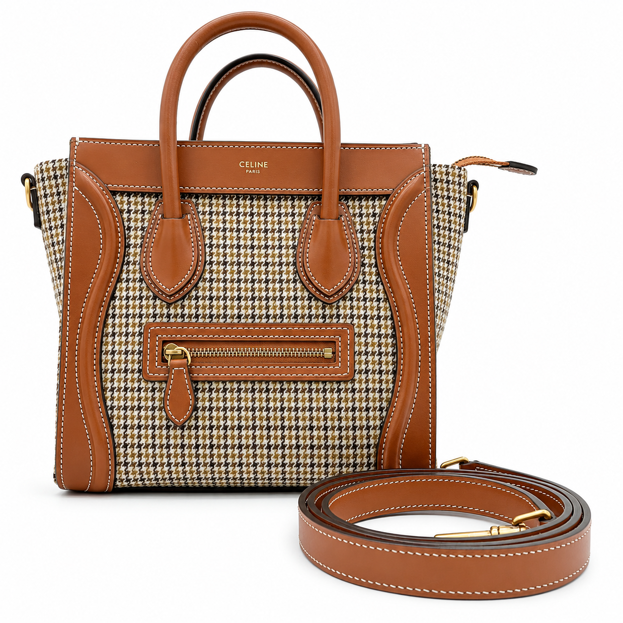 Celine Luggage Nano Tote Houndstooth Tweed & Tan Leather Top Handle Shoulder - PRELOVED
