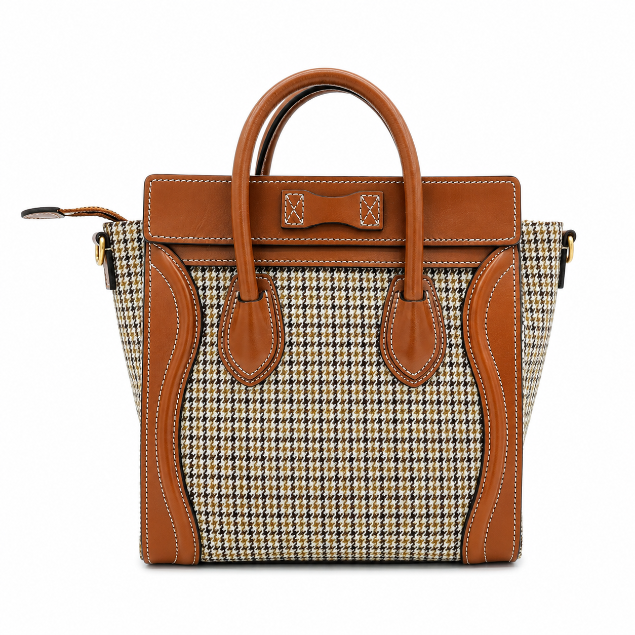 Celine Luggage Nano Tote Houndstooth Tweed & Tan Leather Top Handle Shoulder - PRELOVED