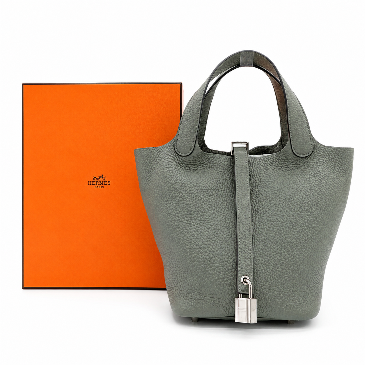 Hermès Picotin Lock Grey Pebbled Leather Handbag with Palladium Hardware – Good Condition