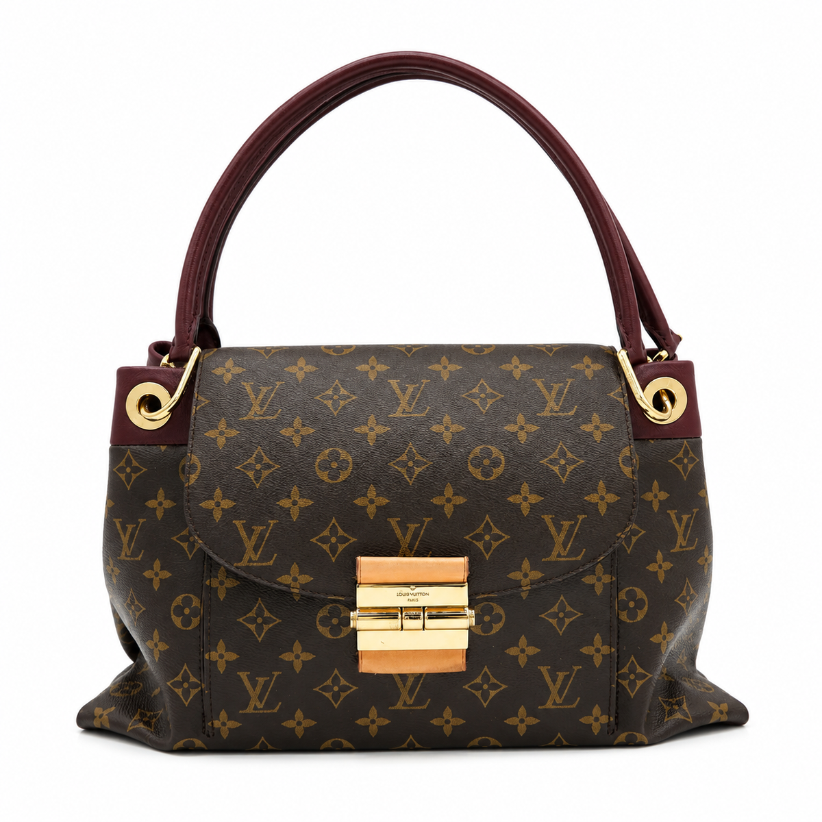 Louis Vuitton Olympe Monogram Handbag Burgundy Leather Trim Gold Hardware – Good Condition