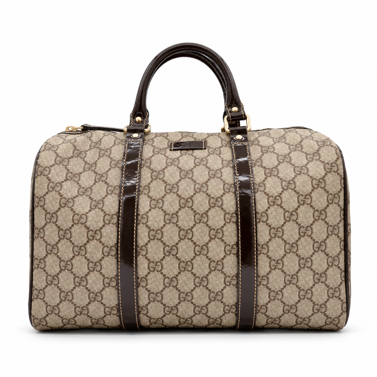 Gucci GG Supreme Monogram Boston Bag – Brown Patent Leather Trim & Gold-Tone Hardware
