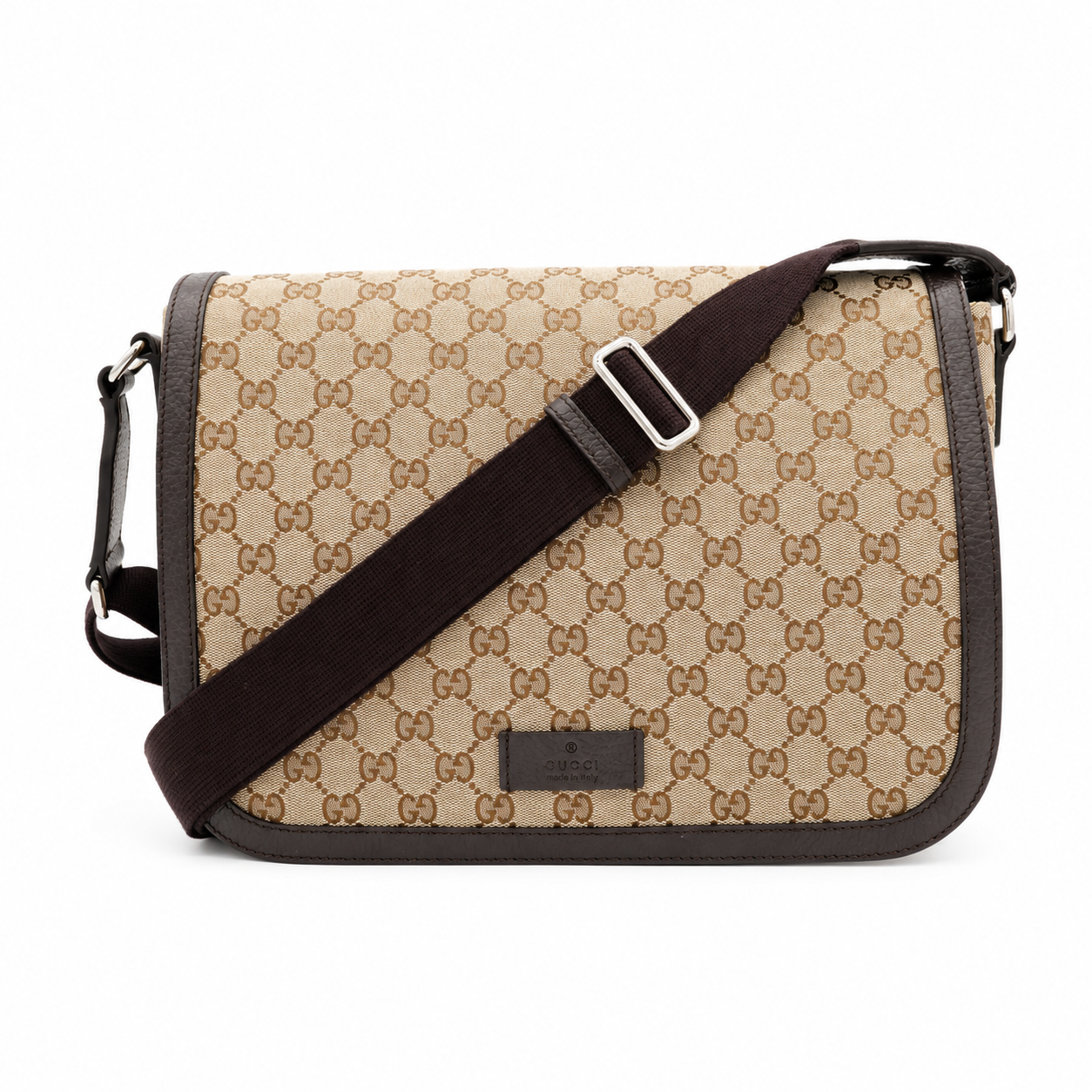 Gucci Monogram Flap Messenger Bag Beige Dark Brown GG Canvas