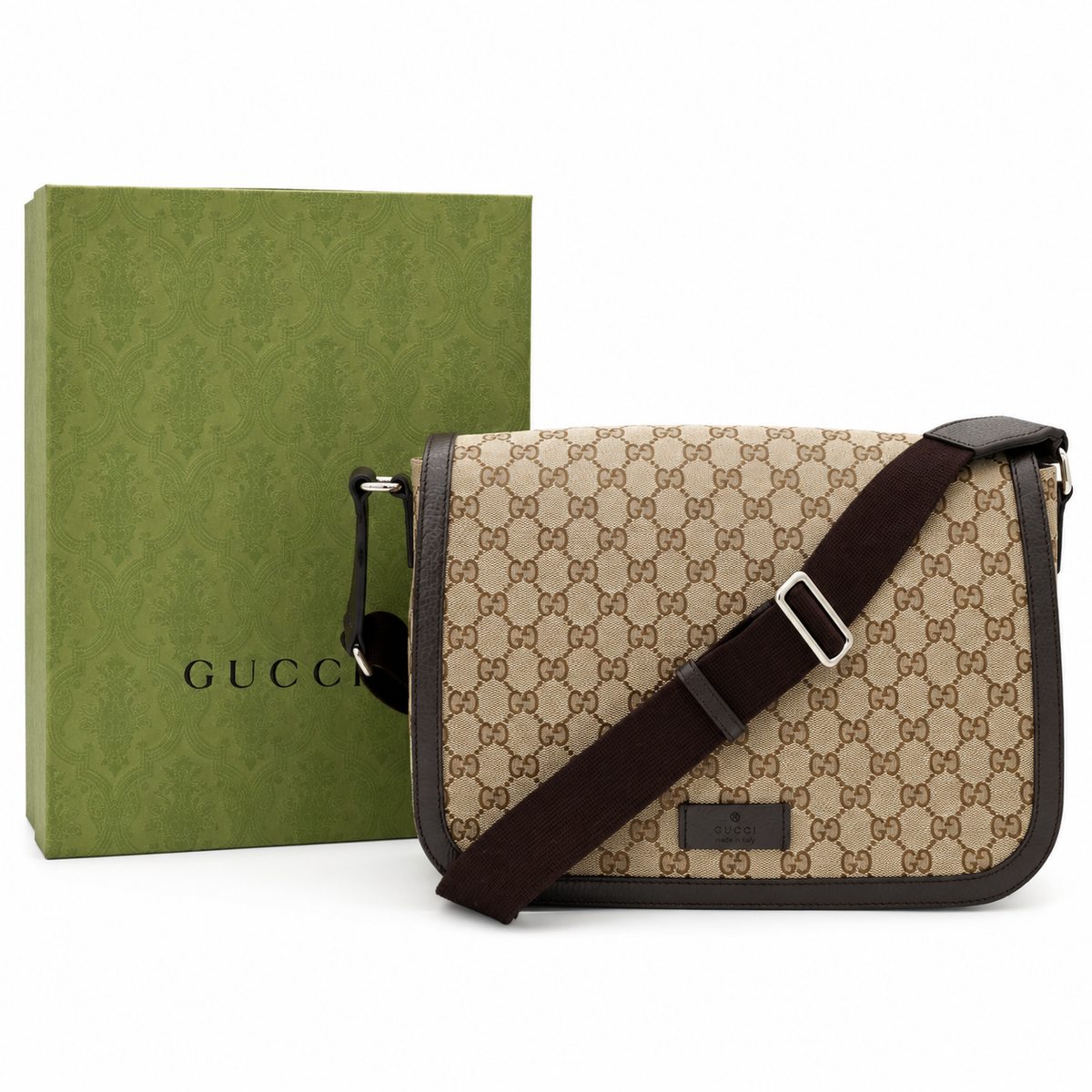 Gucci Monogram Flap Messenger Bag Beige Dark Brown GG Canvas