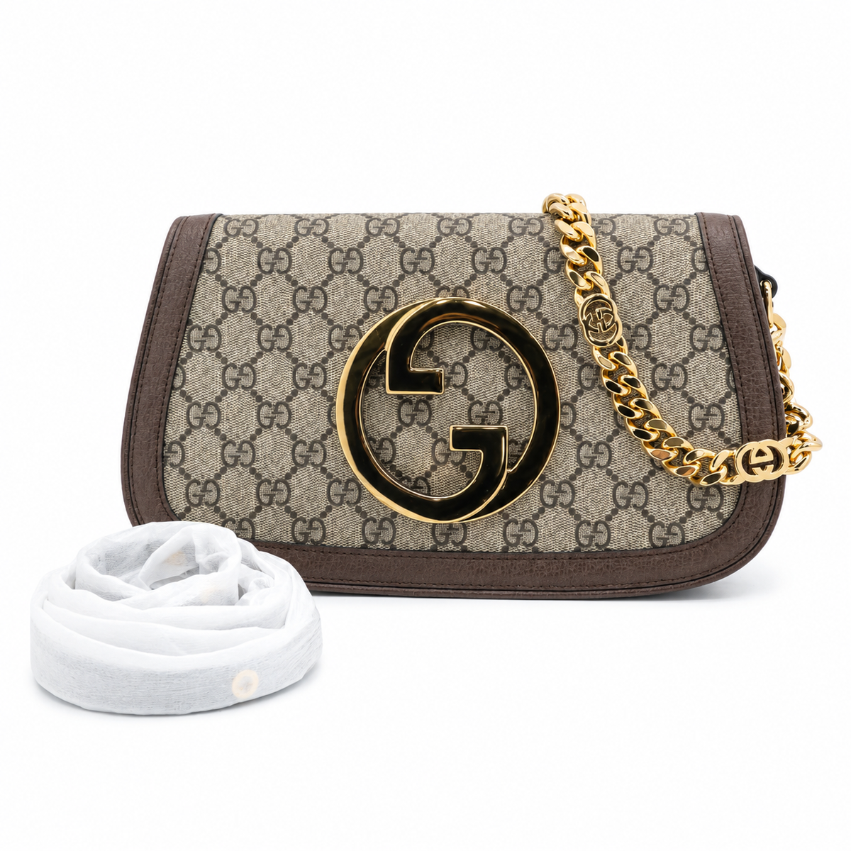 Gucci Blondie GG Supreme Clutch Bag Beige Ebony Canvas Gold Logo