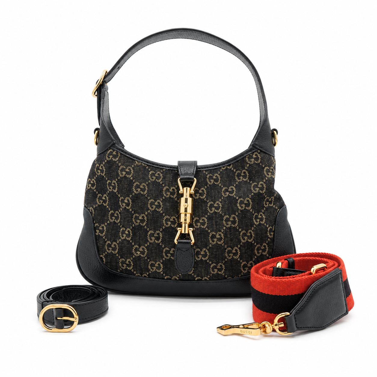 Gucci Jackie 1961 Small Shoulder Bag in Black GG Denim & Leather with Gold-Tone Hardware