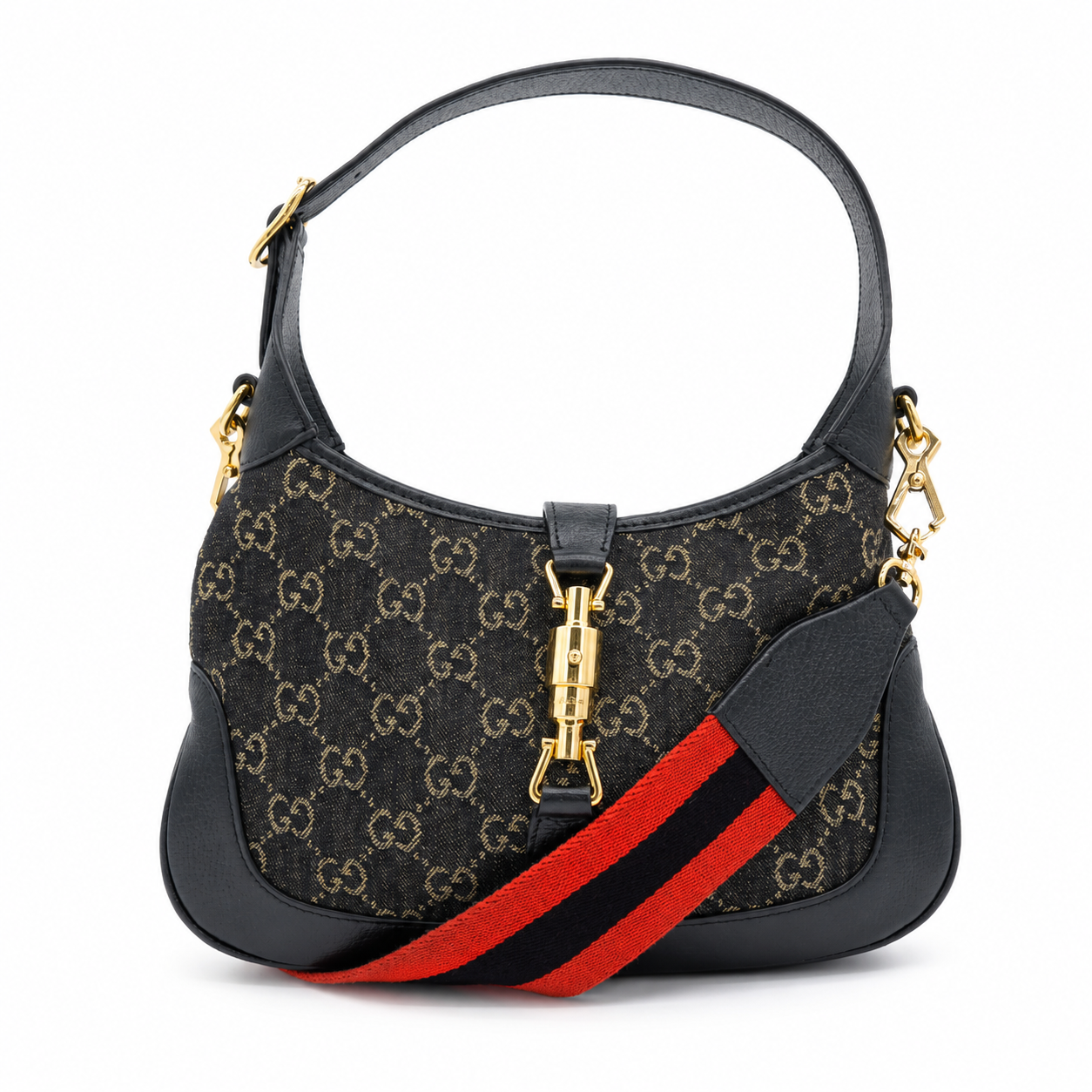 Gucci Jackie 1961 Small Shoulder Bag in Black GG Denim & Leather with Gold-Tone Hardware