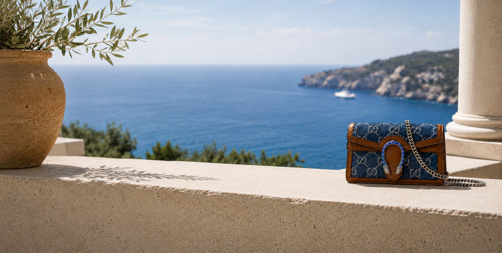 A Gucci monogram shoulder bag in blue and brown leather sits on a stone balcony overlooking a scenic blue sea and coastline.