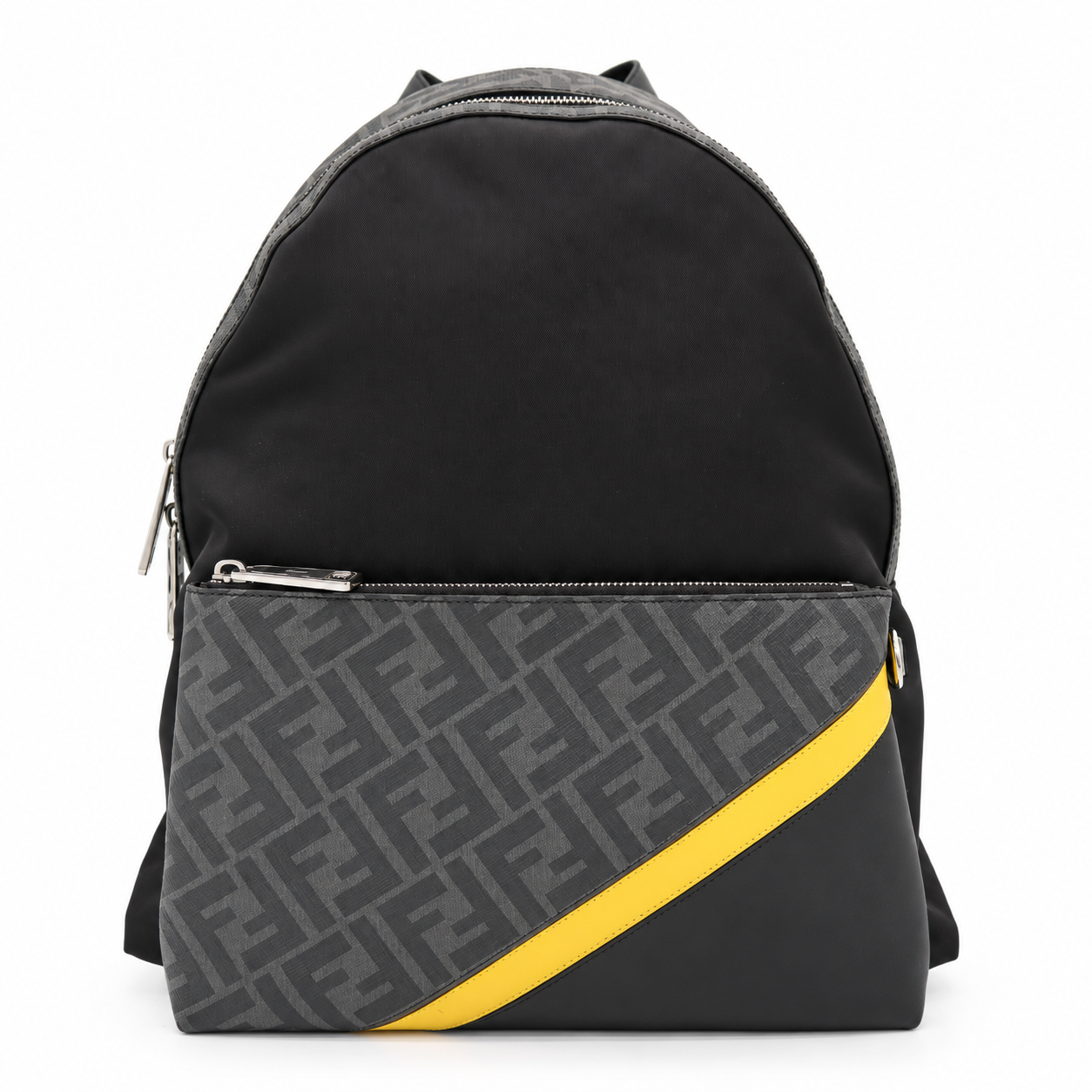 Fendi FF Diagonal Backpack Black Zucca Nylon Leather Yellow Stripe