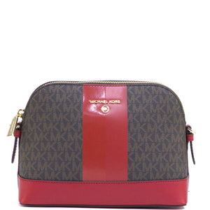 Designer handbag with brown and red pattern on a white background