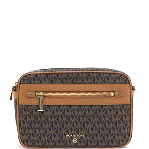 Designer handbag with patterned design and gold zipper on a white background