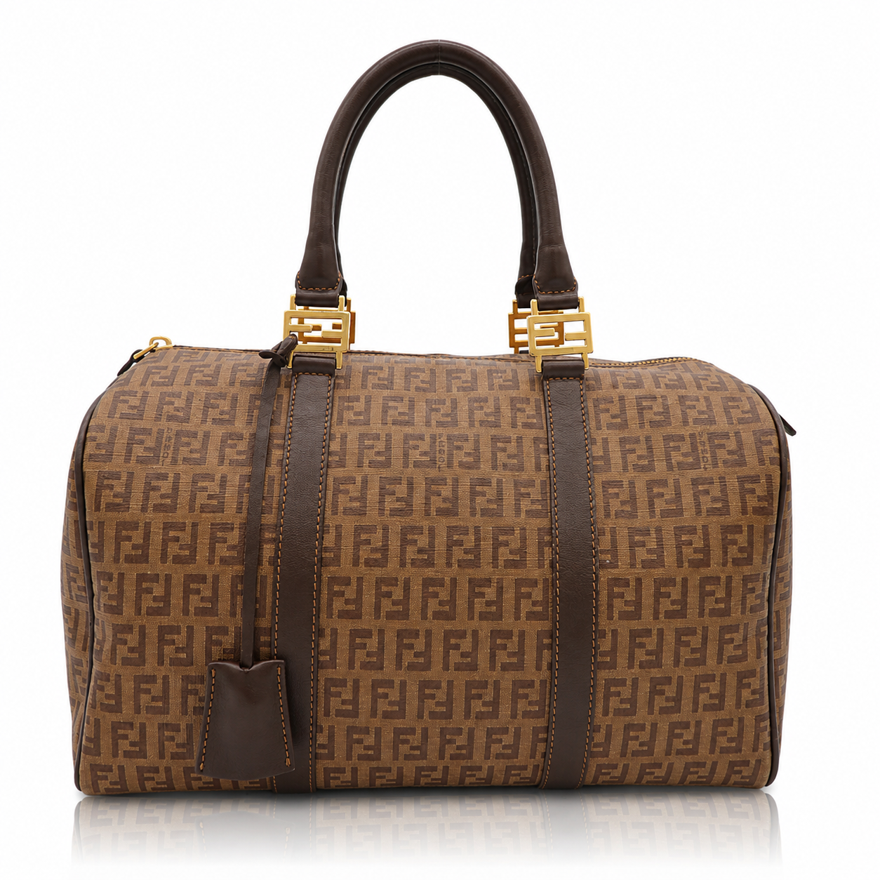 Fendi Zucchino Spalmati Forever Bauletto Boston Bag canvas duffel bag with dark brown leather handles and trim, gold-tone hardware, and an allover FF logo pattern on a white background.