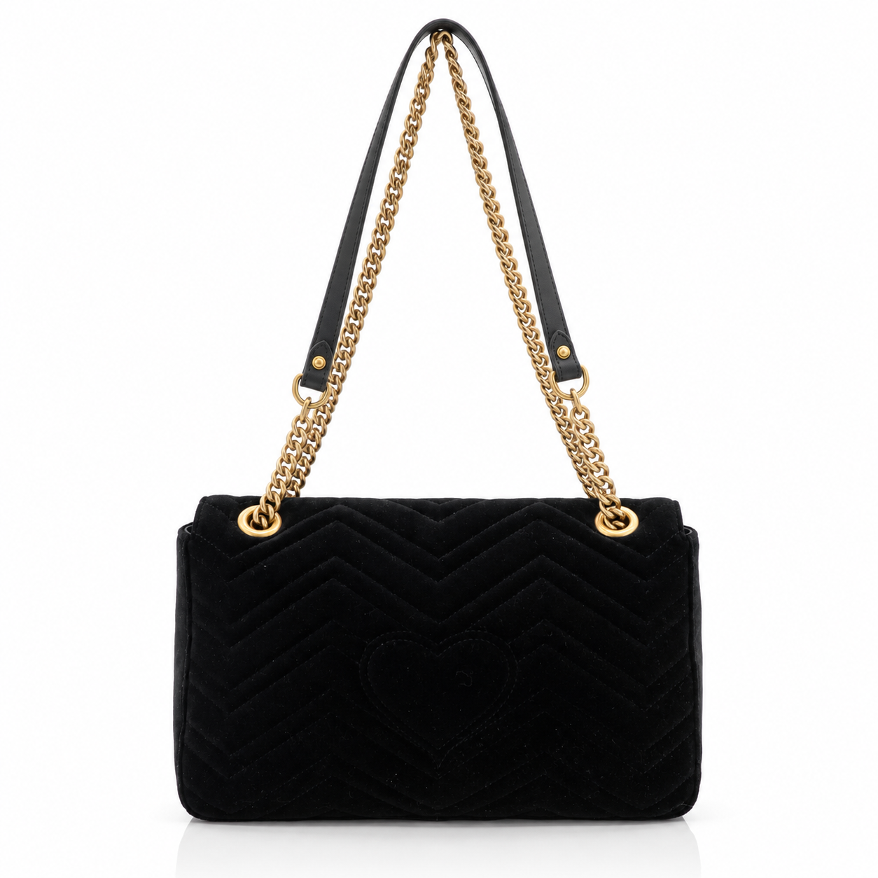 Gucci GG Marmont Medium Black Velvet Matelasse Shoulder Bag Chain Strap  with a chevron pattern, a central heart motif, a black leather shoulder strap, and a gold-tone chain link strap, shown on a plain white background.