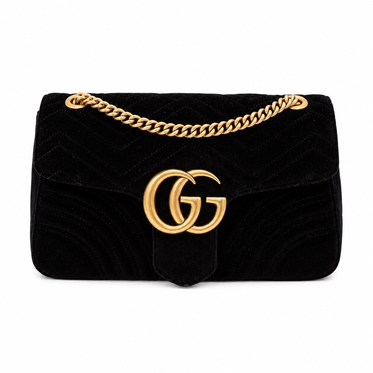 Gucci GG Marmont Medium Black Velvet Matelasse Shoulder Bag Chain Strap with a gold-tone chain strap and a prominent interlocking GG logo on the front, representing the Gucci brand.