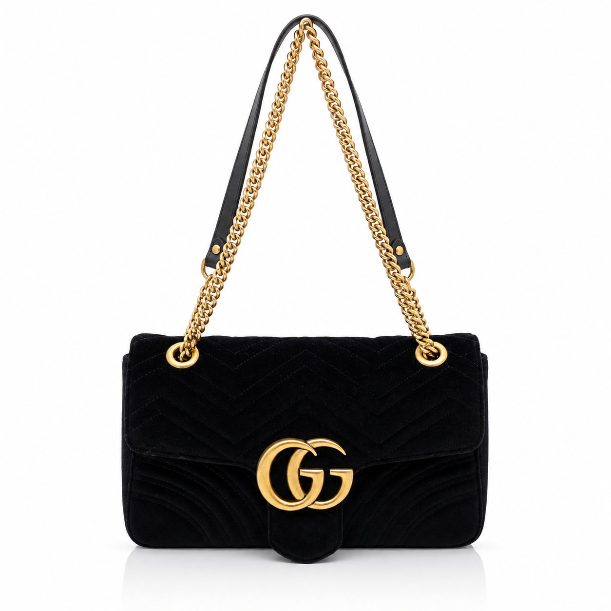 Gucci GG Marmont Medium Black Velvet Matelasse Shoulder Bag Chain Strap with a gold-tone chain strap and a prominent interlocking G logo on the front, set against a plain white background.