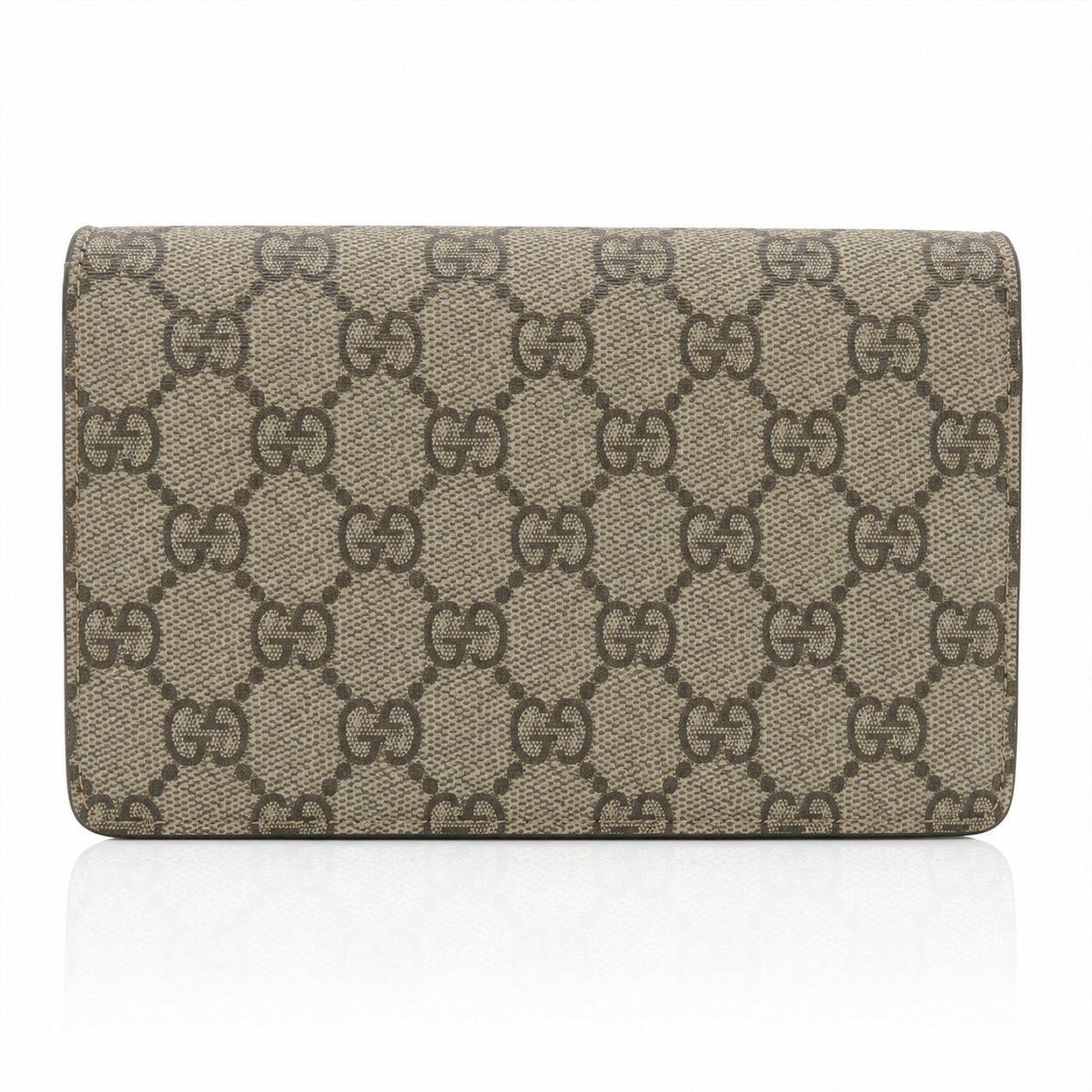 Gucci GG Supreme Monogram Mini Cherry Chain Bag in beige and brown, featuring the classic GG pattern, shown against a plain white background with a subtle reflection below.
