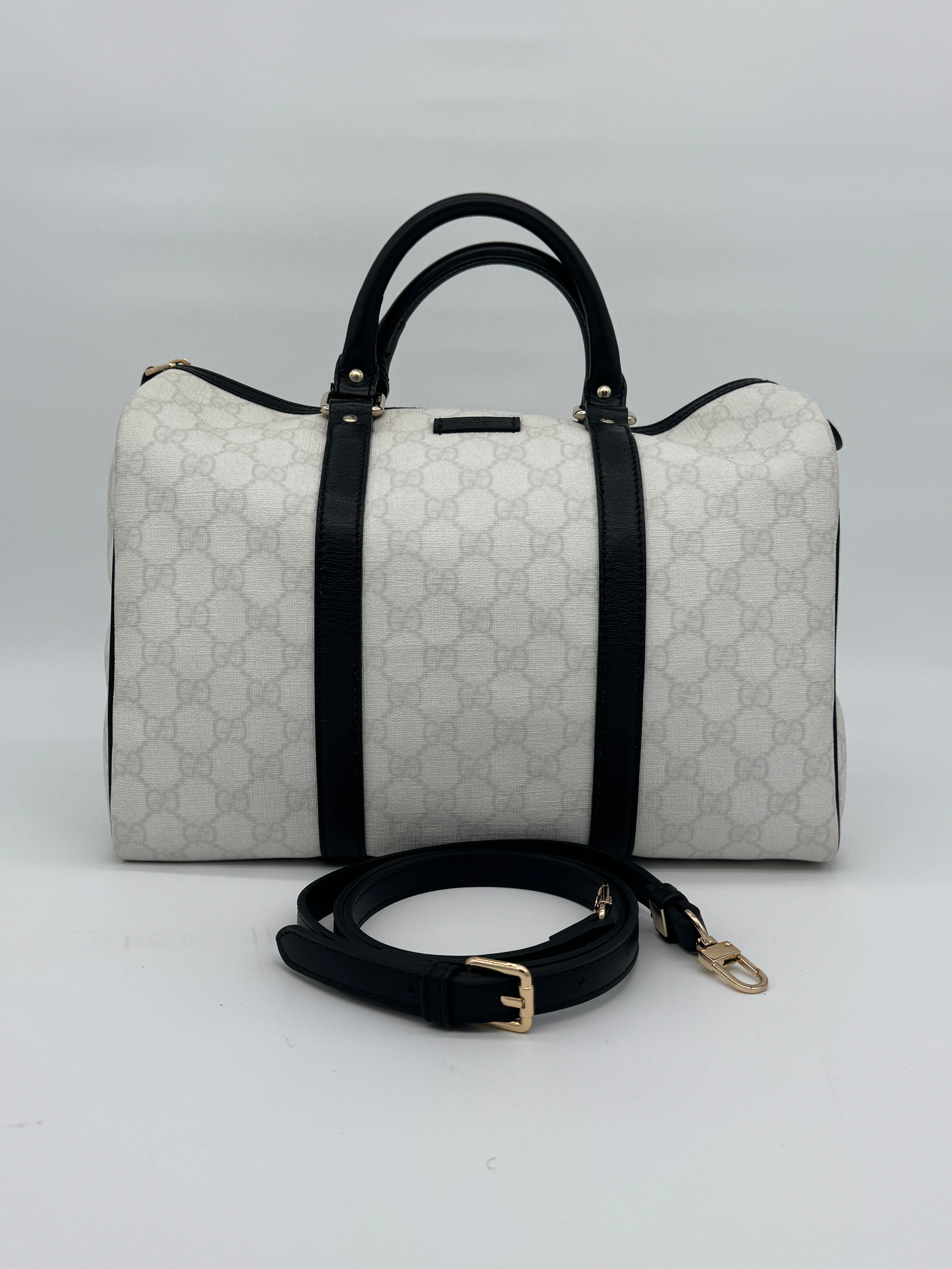 Gucci Medium GG Supreme Joy Boston Bag White Black Trim Strap
