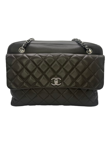 Chanel Quilted CC Bowler Bag Grey Leather Shoulder Handbag Women’s