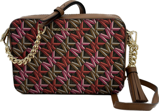 Michael Kors Women's Jet Set Brown Multi Signature Camera Bag Crossbody Bag