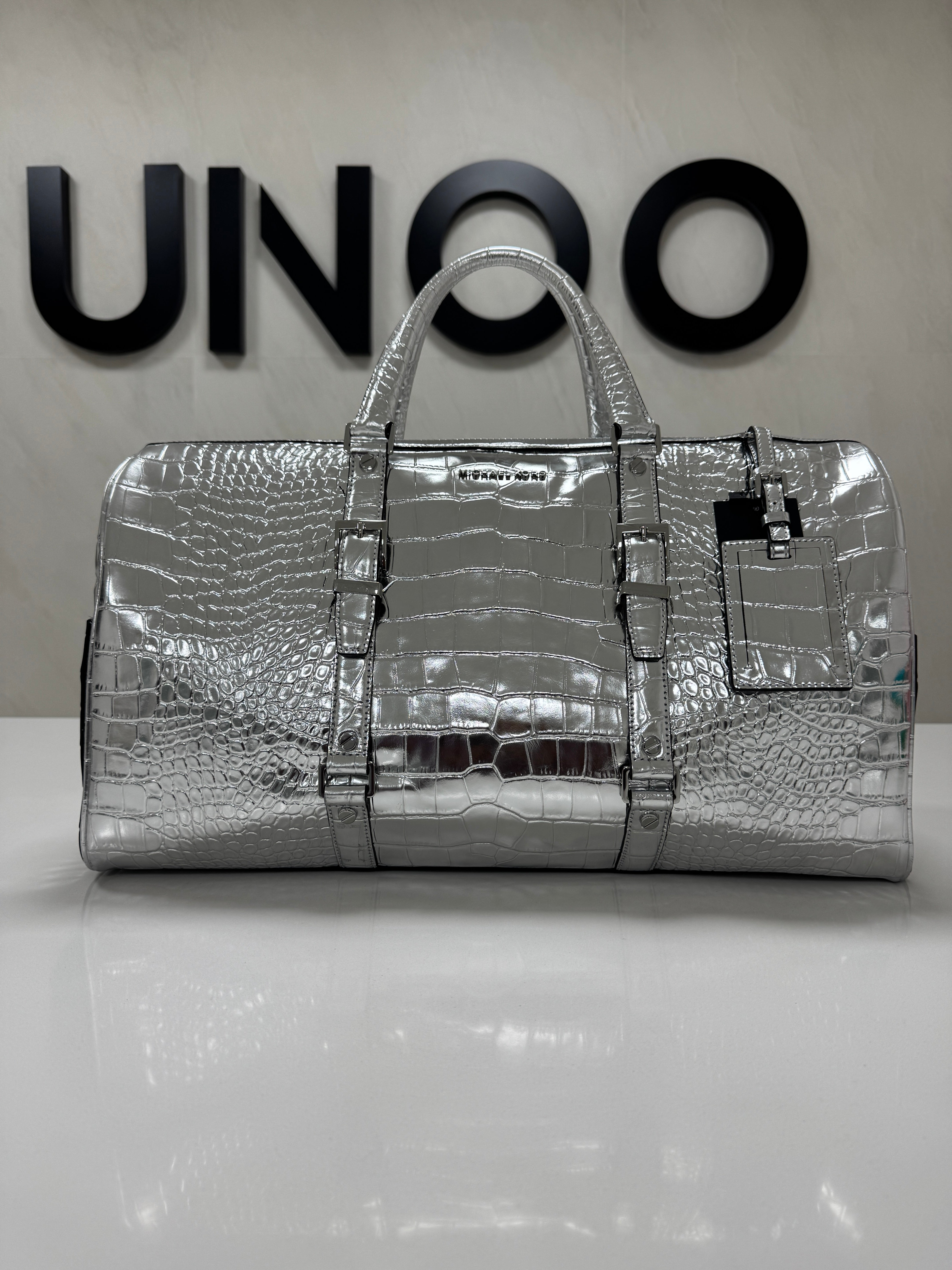 Michael Kors Bedford XL Metallic Croc Embossed Leather Weekender Bag Silver