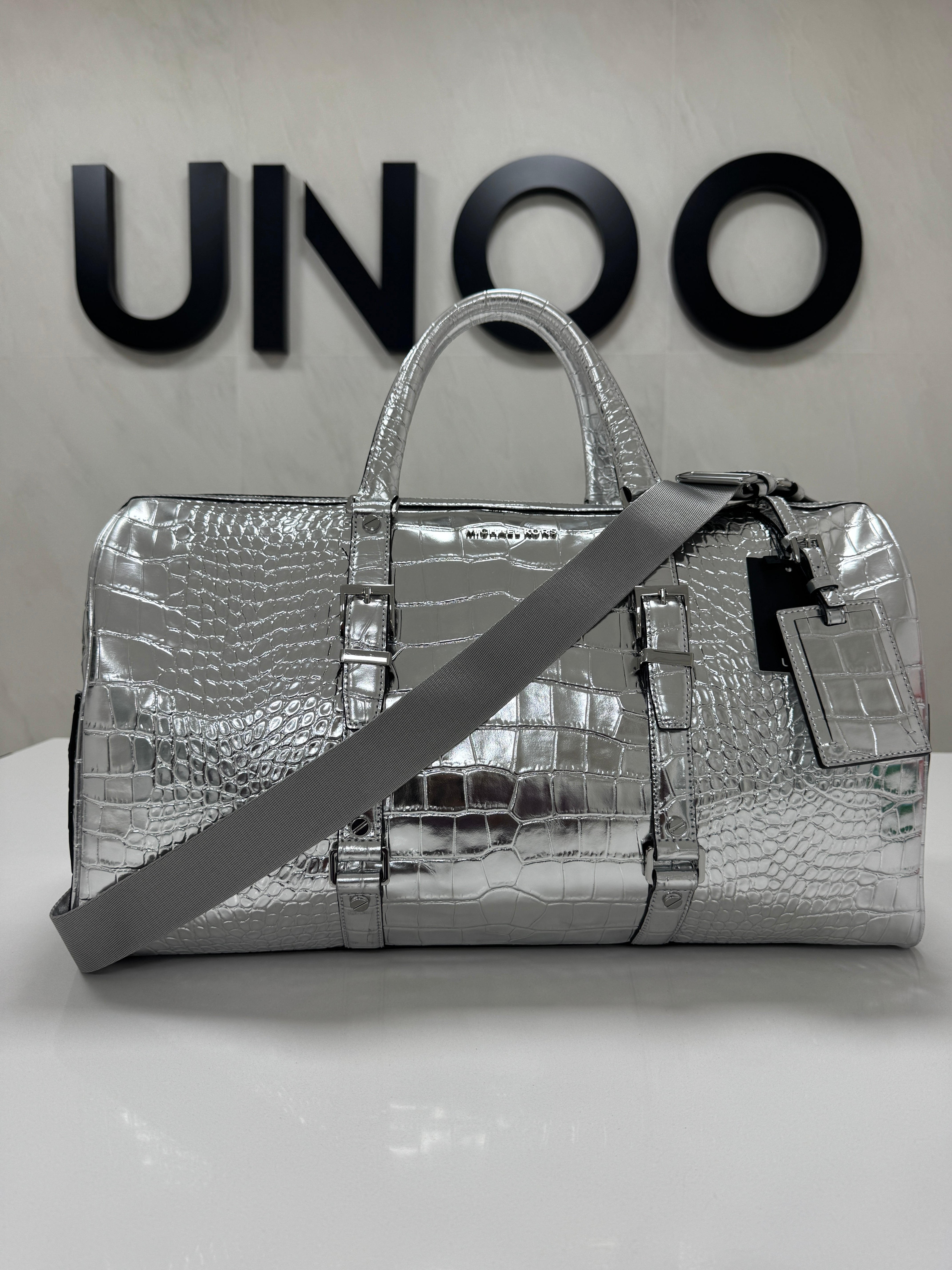 Michael Kors Bedford XL Metallic Croc Embossed Leather Weekender Bag Silver